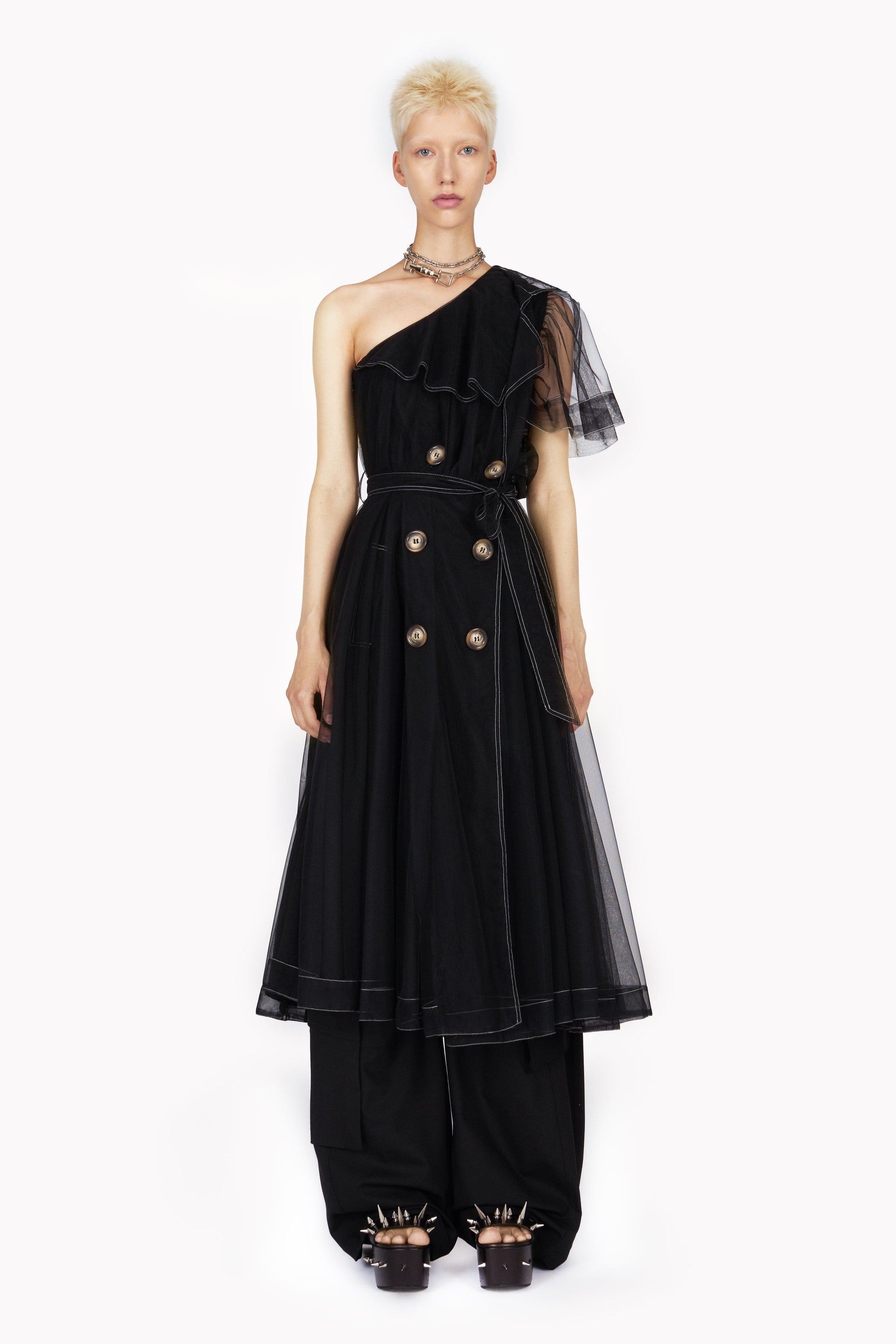 ONE SHOULDER TULLE TRENCH DRESS – ACT STUDIO SRL